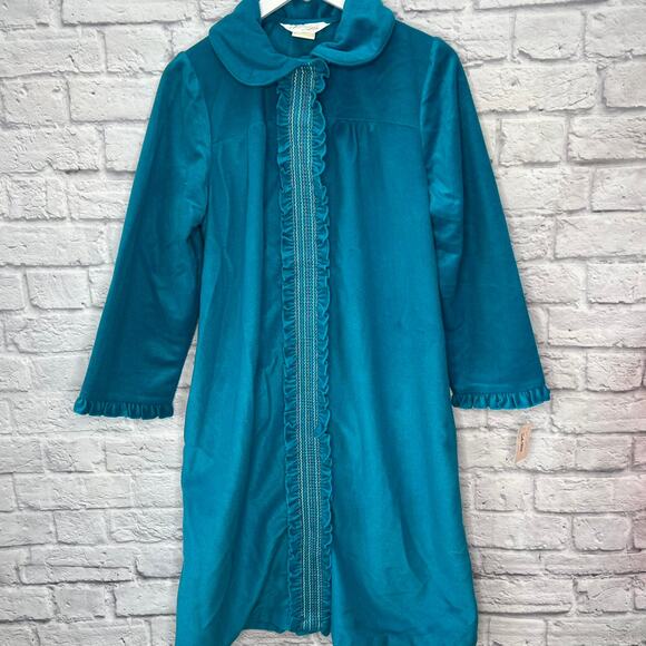 Vintage Leisure Life Fleece Embroidered Housecoat Robe Turquoise Size L New Snap - Picture 1 of 10